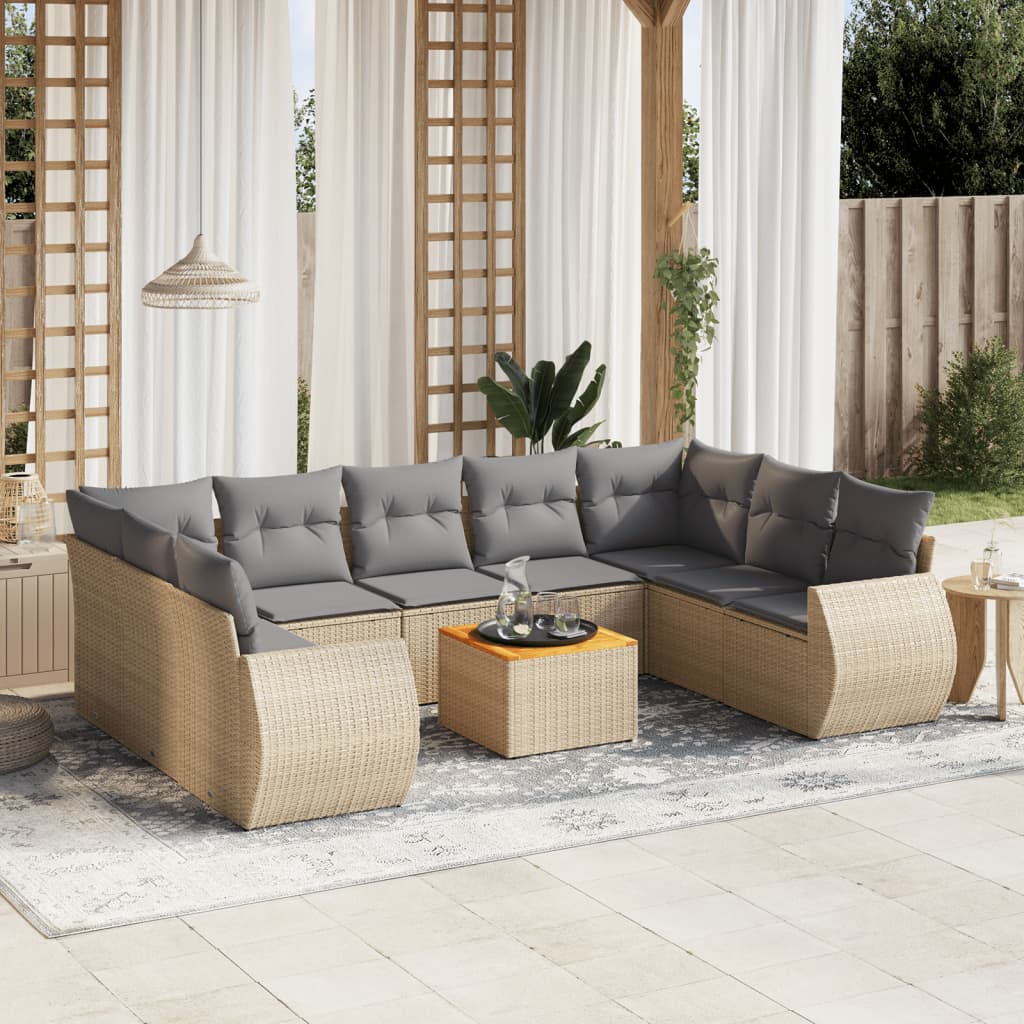 10-tlg. Garten-Sofagarnitur mit Kissen Beige Poly Rattan - Pazzar.ch