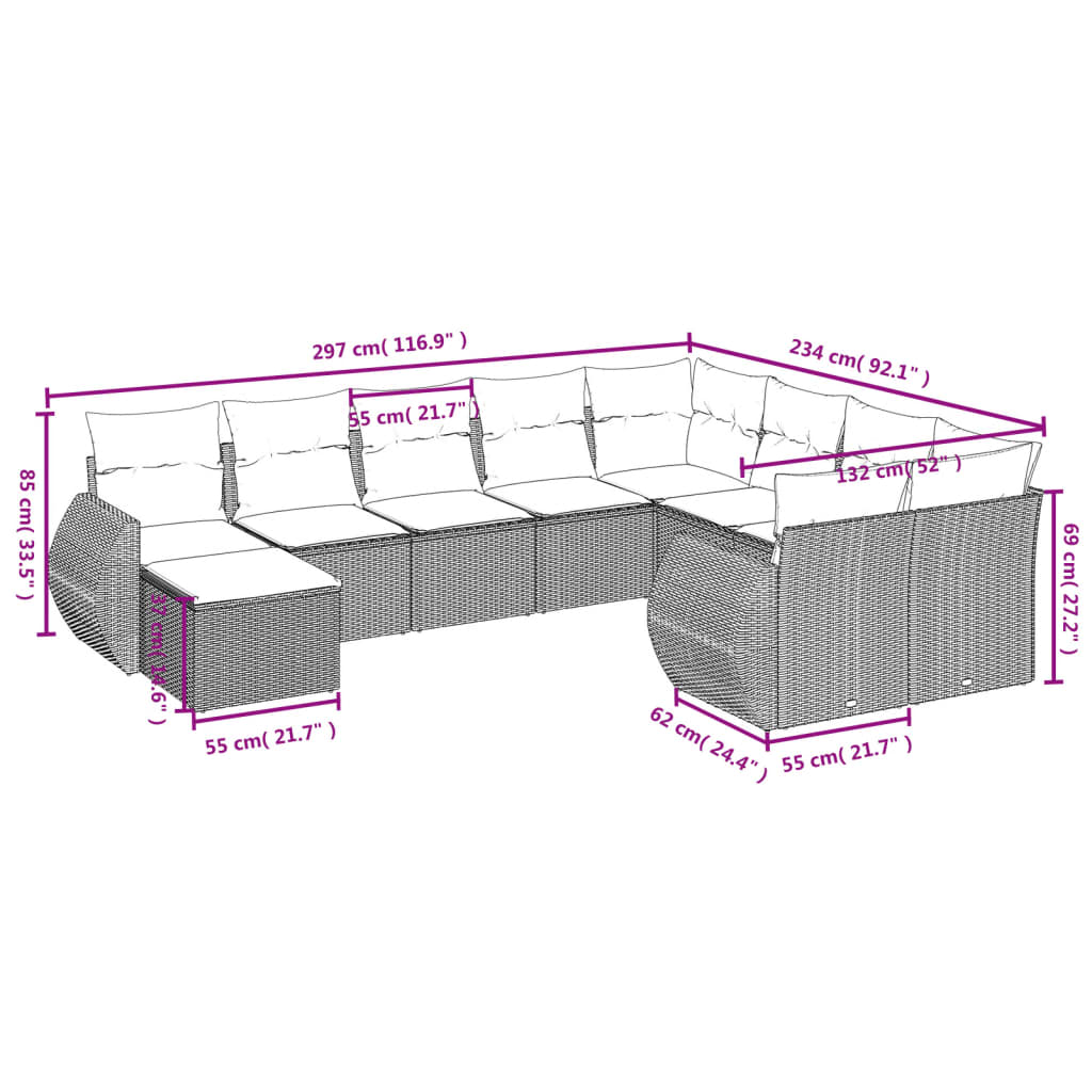 10-tlg. Garten-Sofagarnitur mit Kissen Grau Poly Rattan - Pazzar.ch