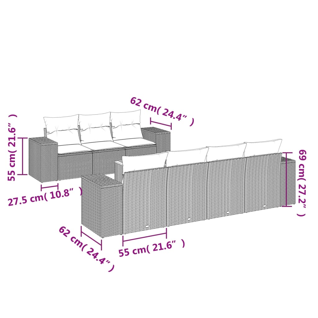 8-tlg. Garten-Sofagarnitur mit Kissen Grau Poly Rattan - Pazzar.ch