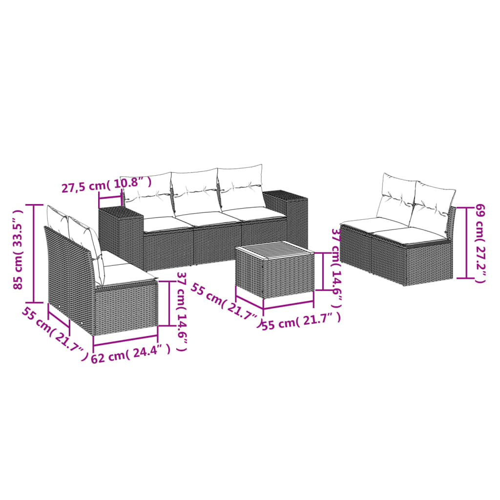 8-tlg. Garten-Sofagarnitur mit Kissen Grau Poly Rattan - Pazzar.ch