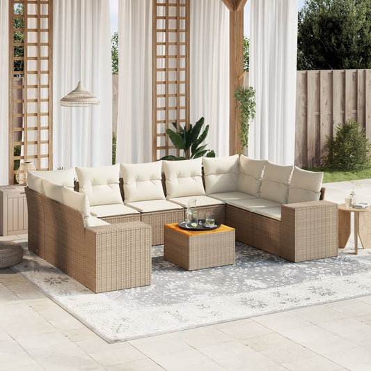 10-tlg. Garten-Sofagarnitur mit Kissen Beige Poly Rattan - Pazzar.ch