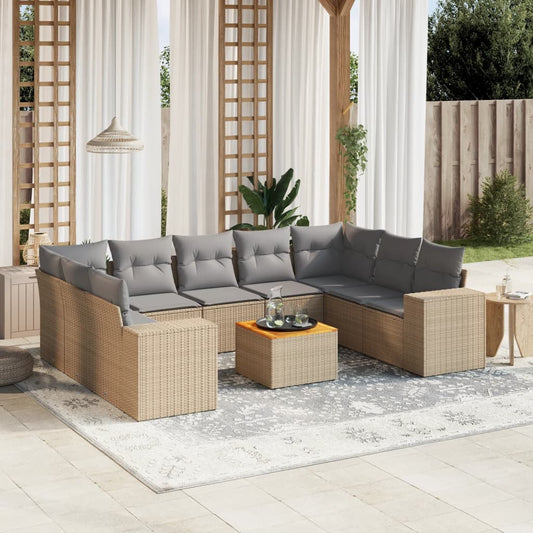 10-tlg. Garten-Sofagarnitur mit Kissen Beige Poly Rattan - Pazzar.ch