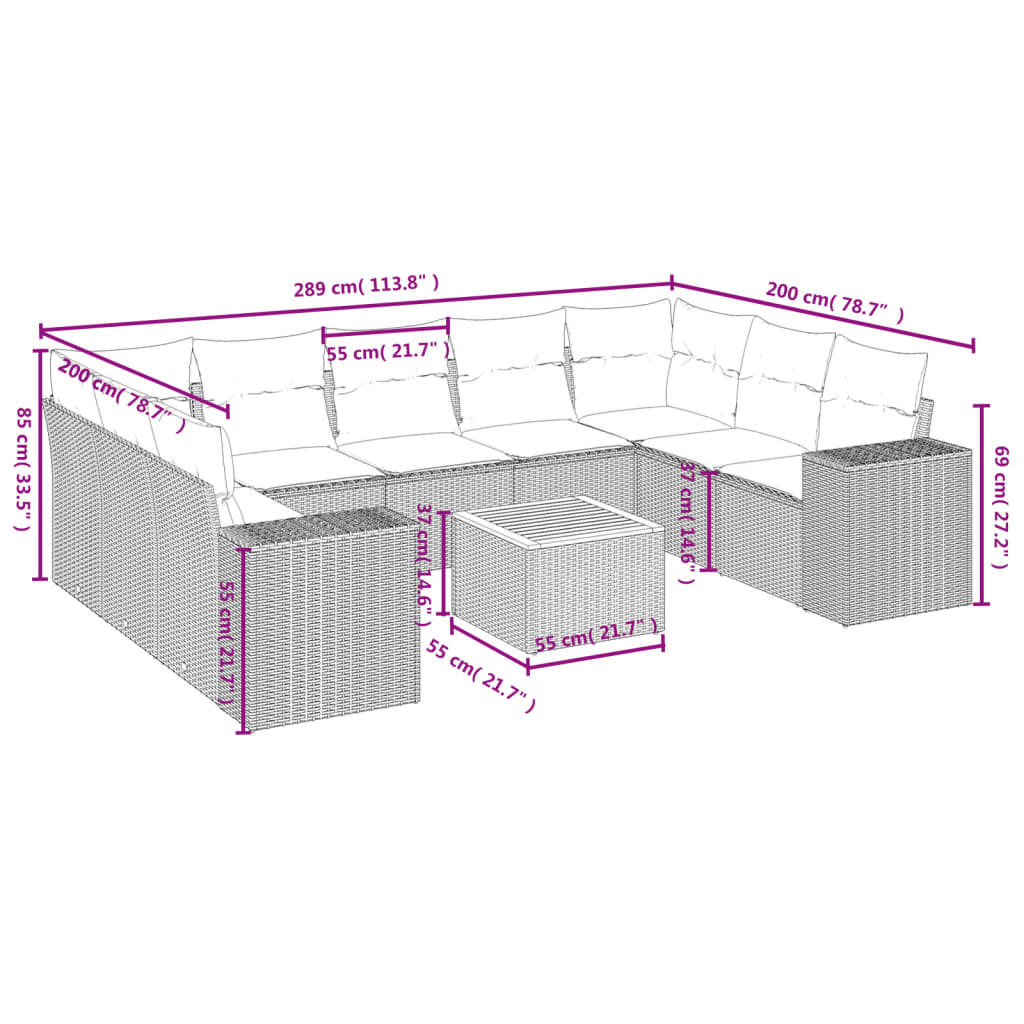 10-tlg. Garten-Sofagarnitur mit Kissen Grau Poly Rattan - Pazzar.ch