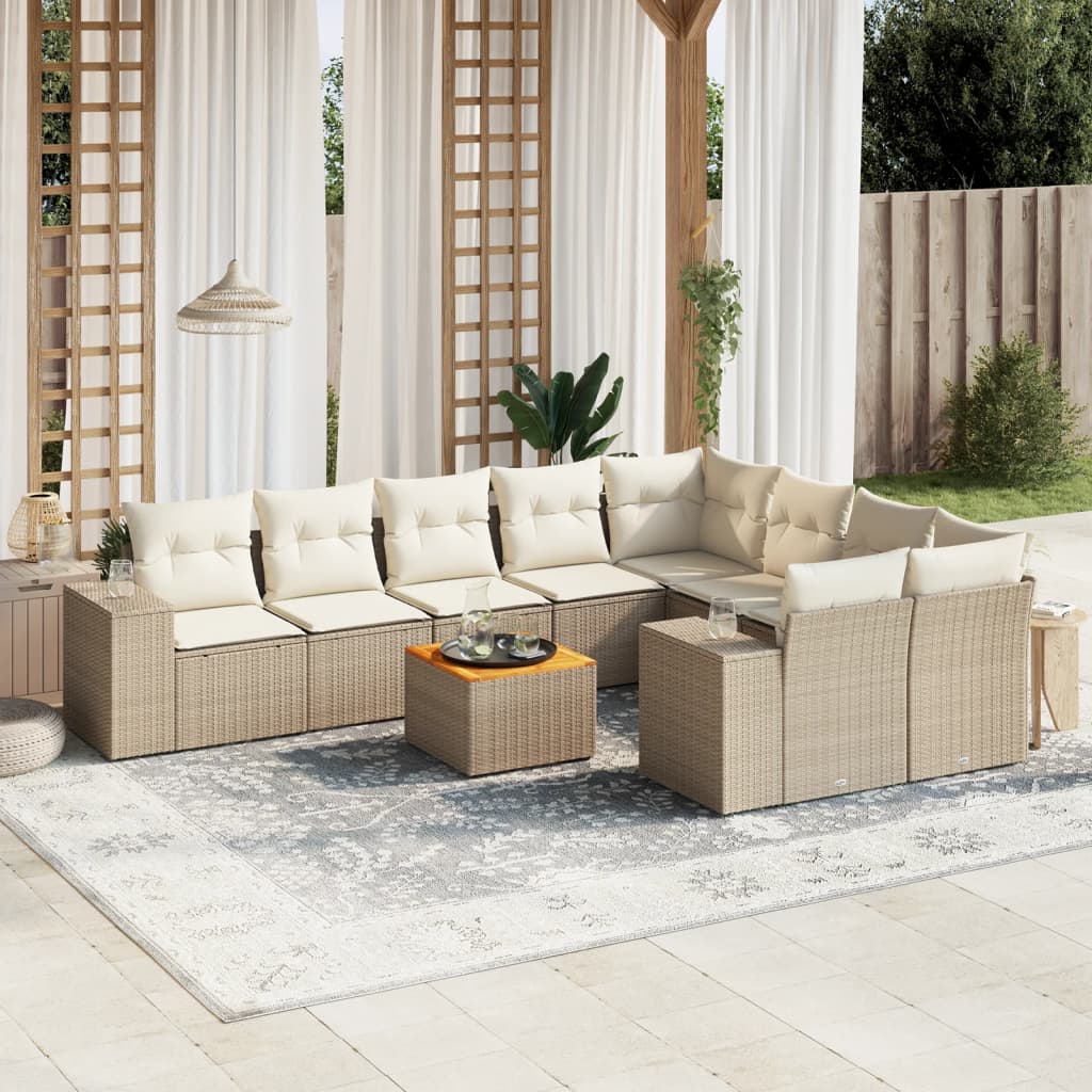 10-tlg. Garten-Sofagarnitur mit Kissen Beige Poly Rattan - Pazzar.ch