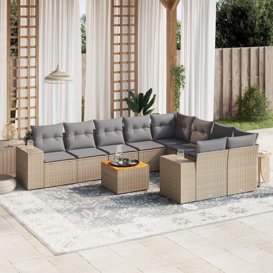 10-tlg. Garten-Sofagarnitur mit Kissen Beige Poly Rattan - Pazzar.ch