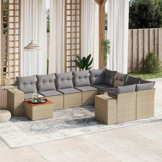 10-tlg. Garten-Sofagarnitur mit Kissen Beige Poly Rattan - Pazzar.ch