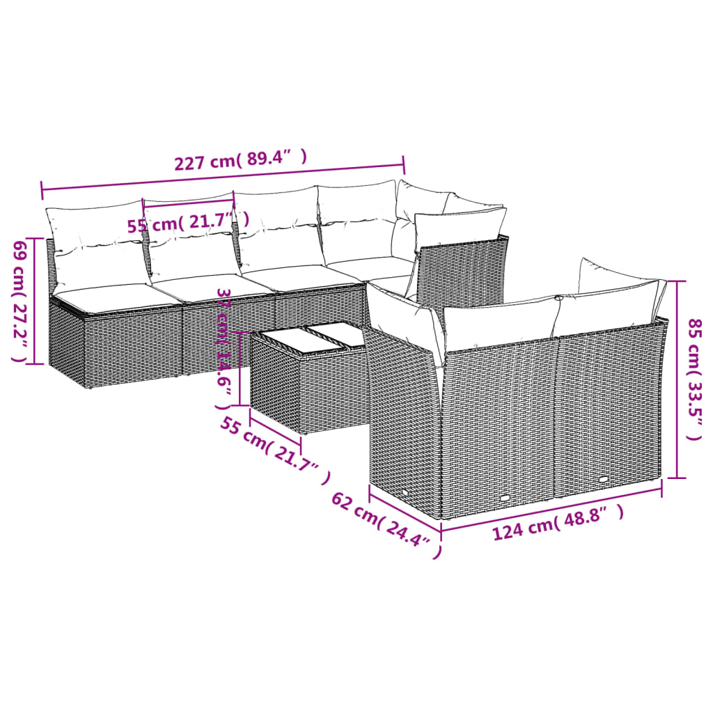 8-tlg. Garten-Sofagarnitur mit Kissen Hellgrau Poly Rattan - Pazzar.ch