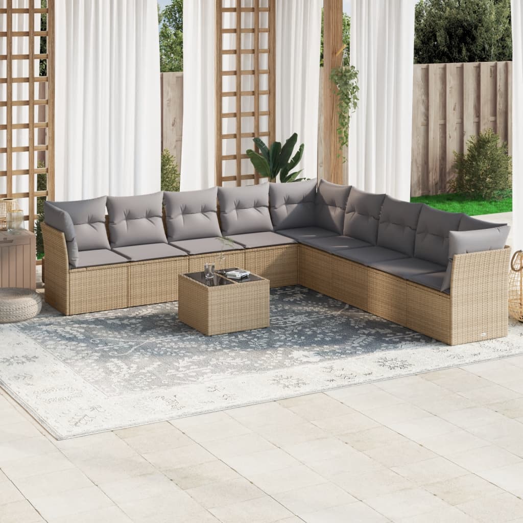 10-tlg. Garten-Sofagarnitur mit Kissen Beige Poly Rattan - Pazzar.ch