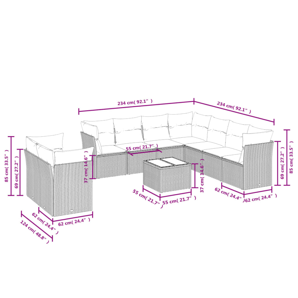 10-tlg. Garten-Sofagarnitur mit Kissen Schwarz Poly Rattan - Pazzar.ch