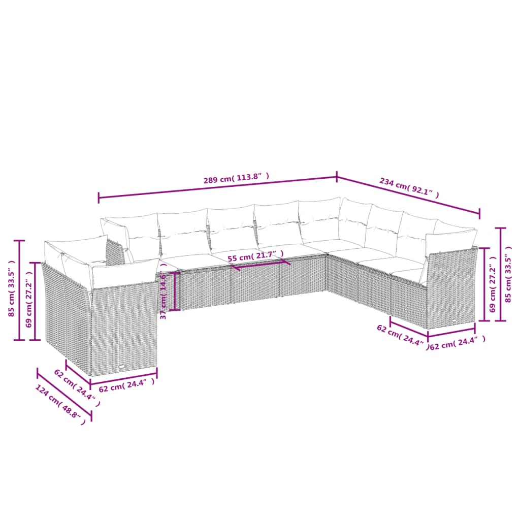 10-tlg. Garten-Sofagarnitur mit Kissen Hellgrau Poly Rattan - Pazzar.ch