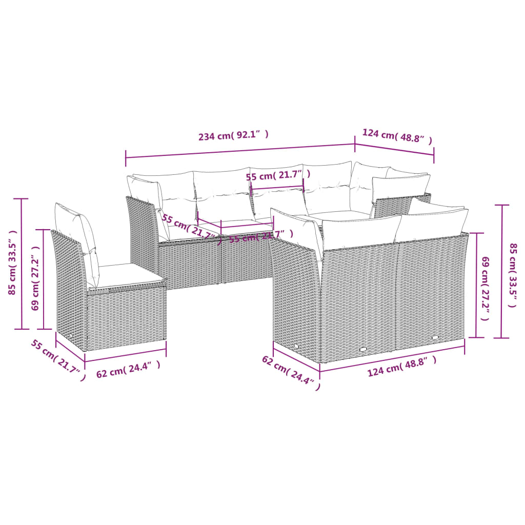 8-tlg. Garten-Sofagarnitur mit Kissen Braun Poly Rattan - Pazzar.ch