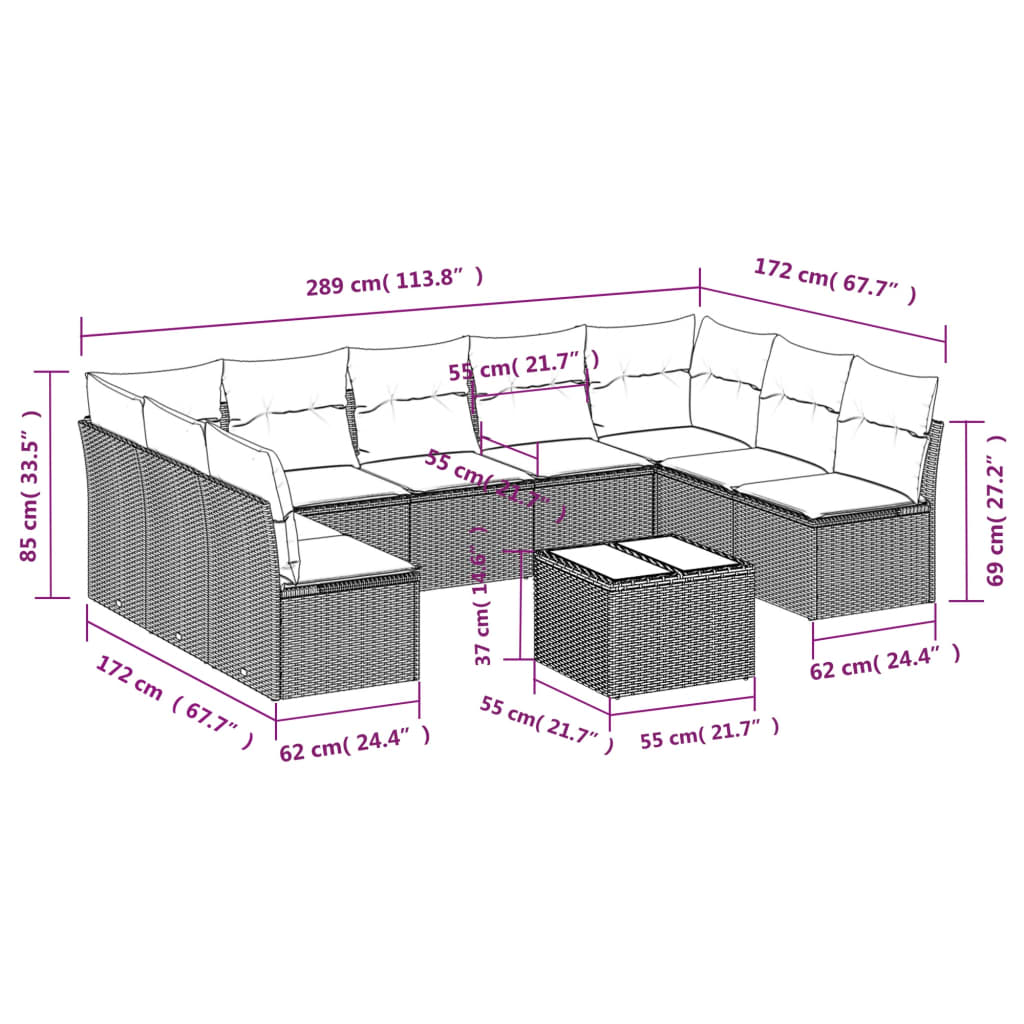 10-tlg. Garten-Sofagarnitur mit Kissen Schwarz Poly Rattan - Pazzar.ch