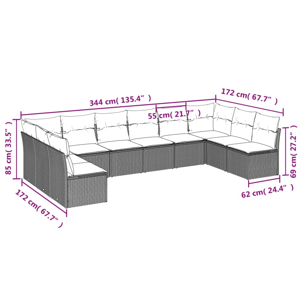 10-tlg. Garten-Sofagarnitur mit Kissen Hellgrau Poly Rattan - Pazzar.ch