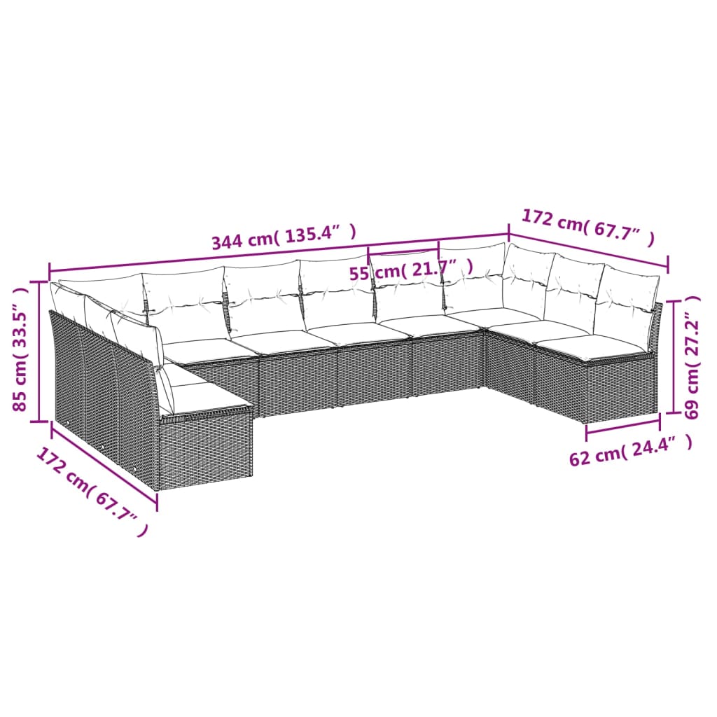 10-tlg. Garten-Sofagarnitur mit Kissen Braun Poly Rattan - Pazzar.ch