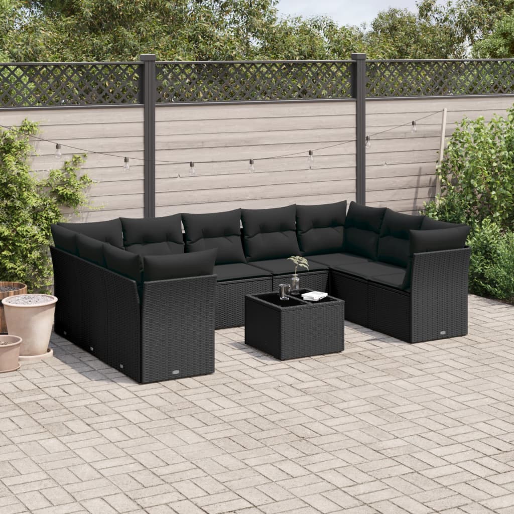 10-tlg. Garten-Sofagarnitur mit Kissen Schwarz Poly Rattan - Pazzar.ch