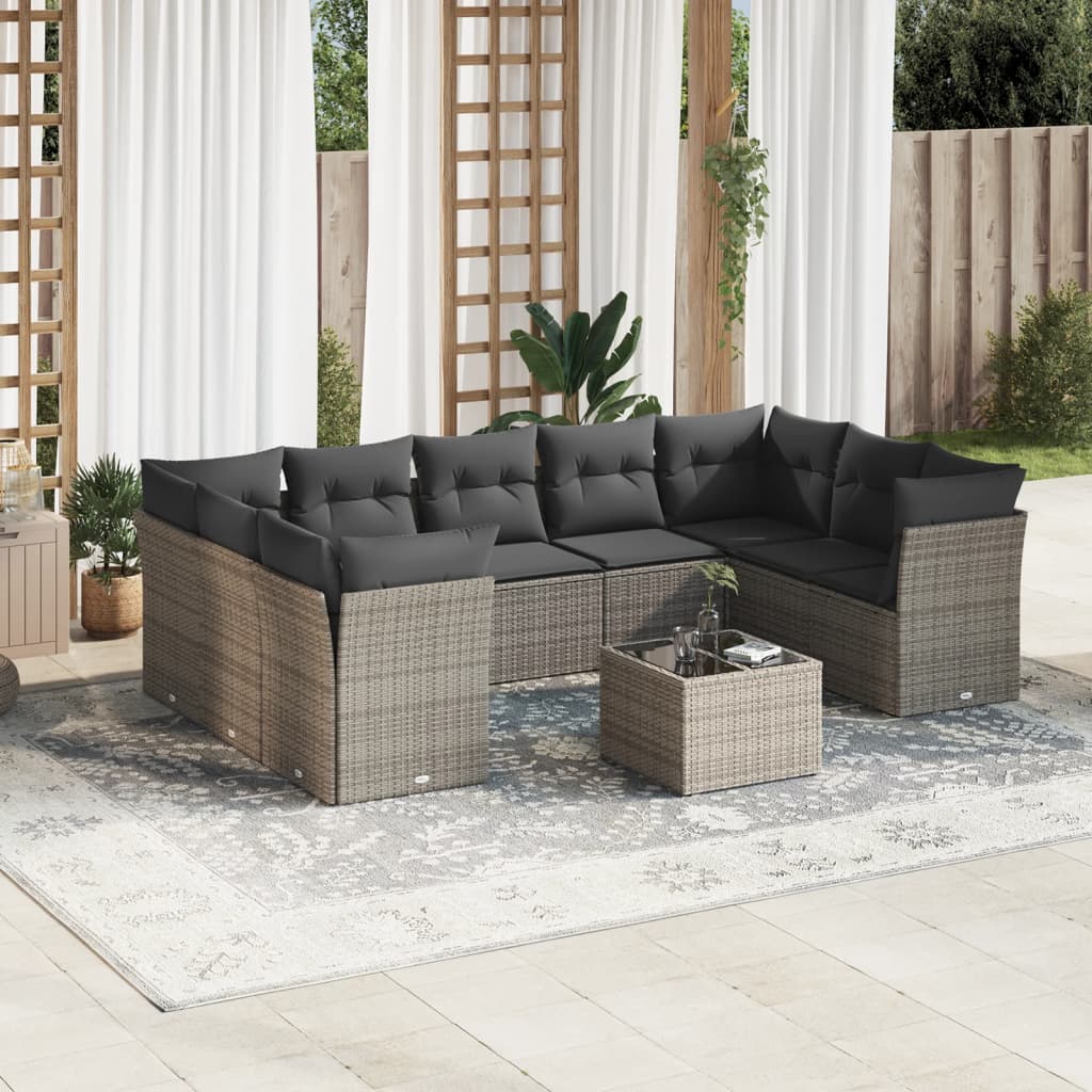 10-tlg. Garten-Sofagarnitur mit Kissen Grau Poly Rattan - Pazzar.ch