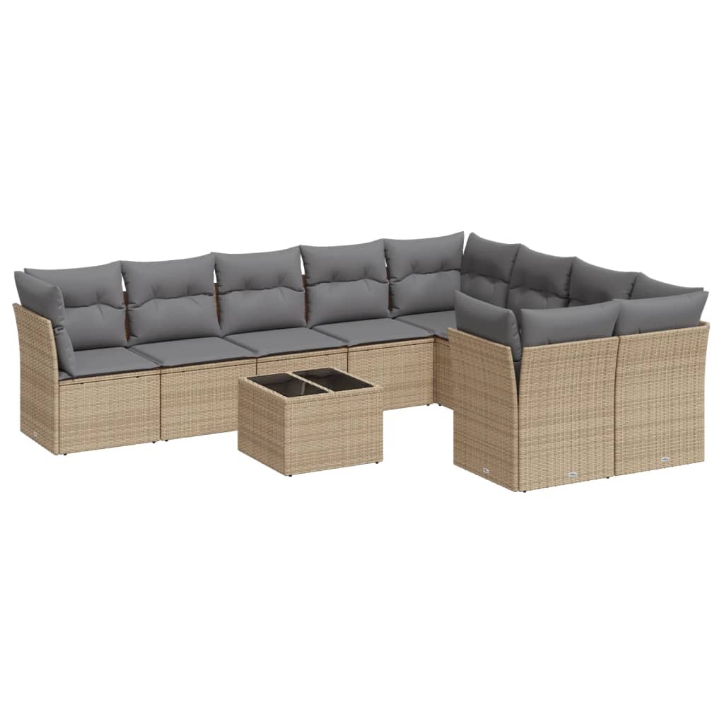 10-tlg. Garten-Sofagarnitur mit Kissen Beige Poly Rattan