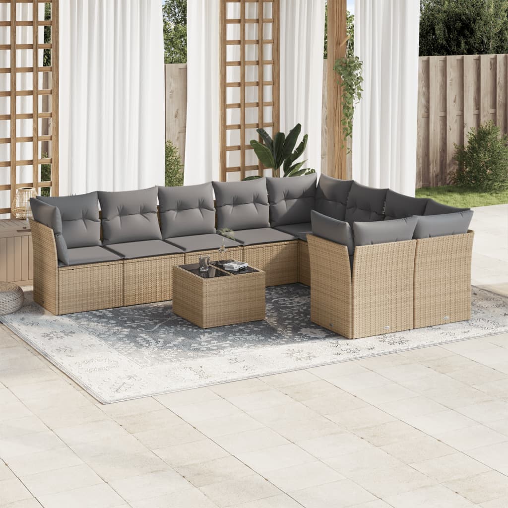 10-tlg. Garten-Sofagarnitur mit Kissen Beige Poly Rattan - Pazzar.ch