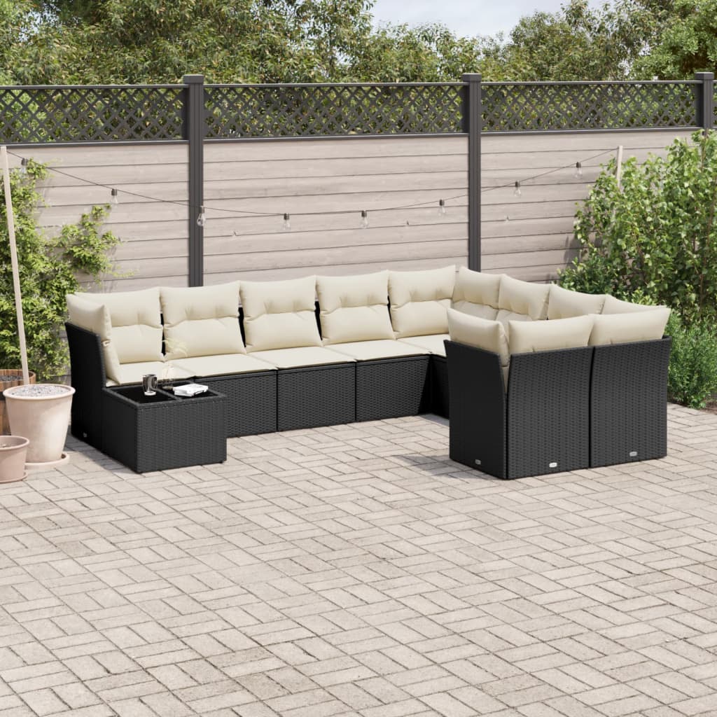 10-tlg. Garten-Sofagarnitur mit Kissen Schwarz Poly Rattan