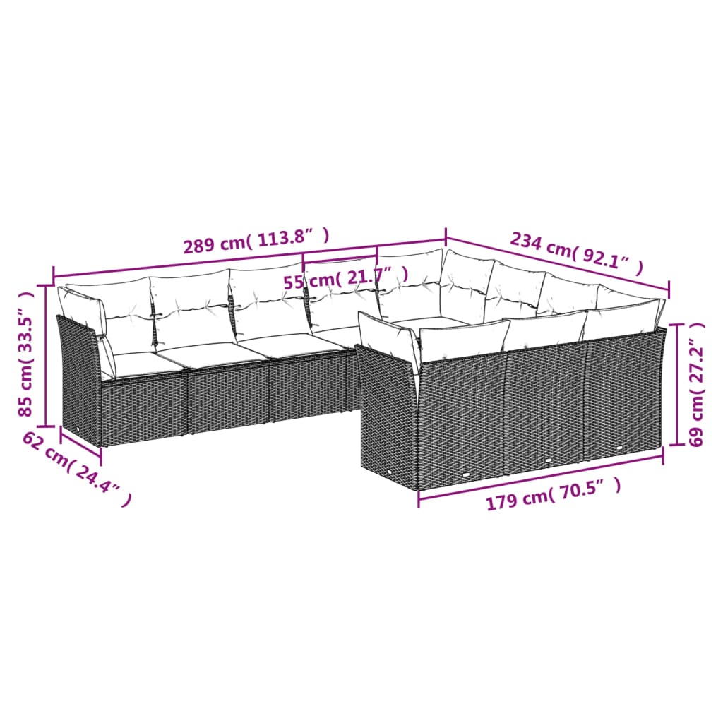 10-tlg. Garten-Sofagarnitur mit Kissen Schwarz Poly Rattan - Pazzar.ch