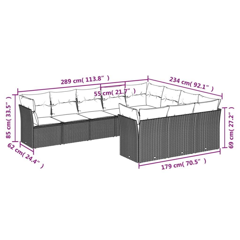 10-tlg. Garten-Sofagarnitur mit Kissen Braun Poly Rattan - Pazzar.ch