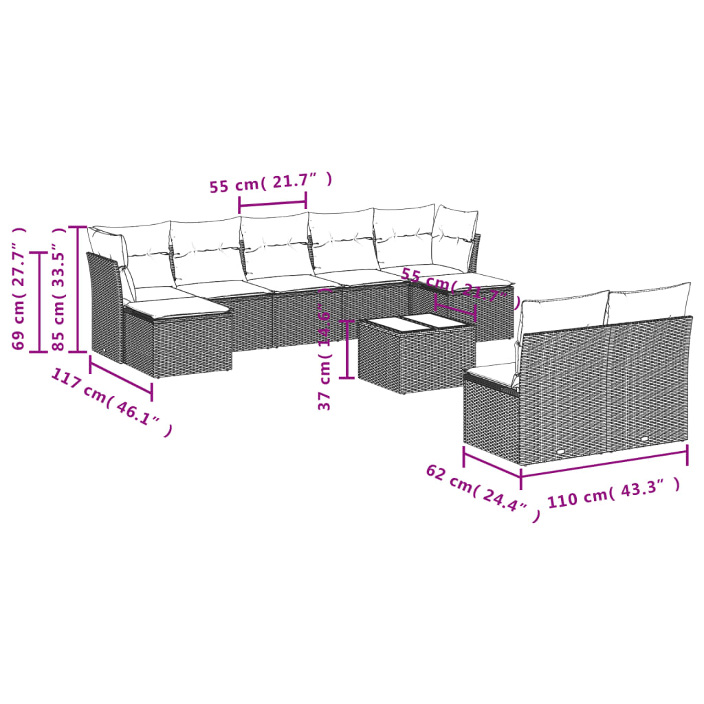 10-tlg. Garten-Sofagarnitur mit Kissen Schwarz Poly Rattan - Pazzar.ch