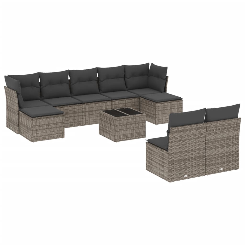 10-tlg. Garten-Sofagarnitur mit Kissen Grau Poly Rattan