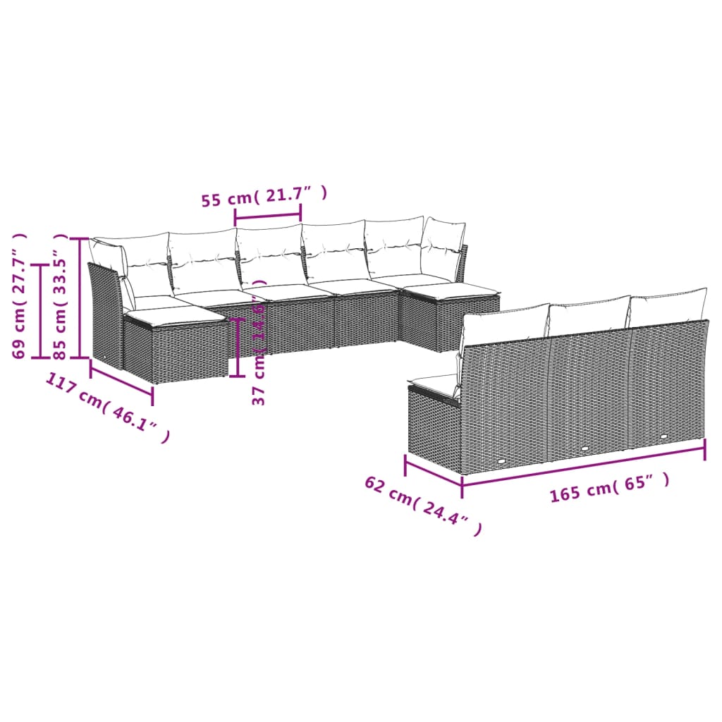 10-tlg. Garten-Sofagarnitur mit Kissen Schwarz Poly Rattan - Pazzar.ch