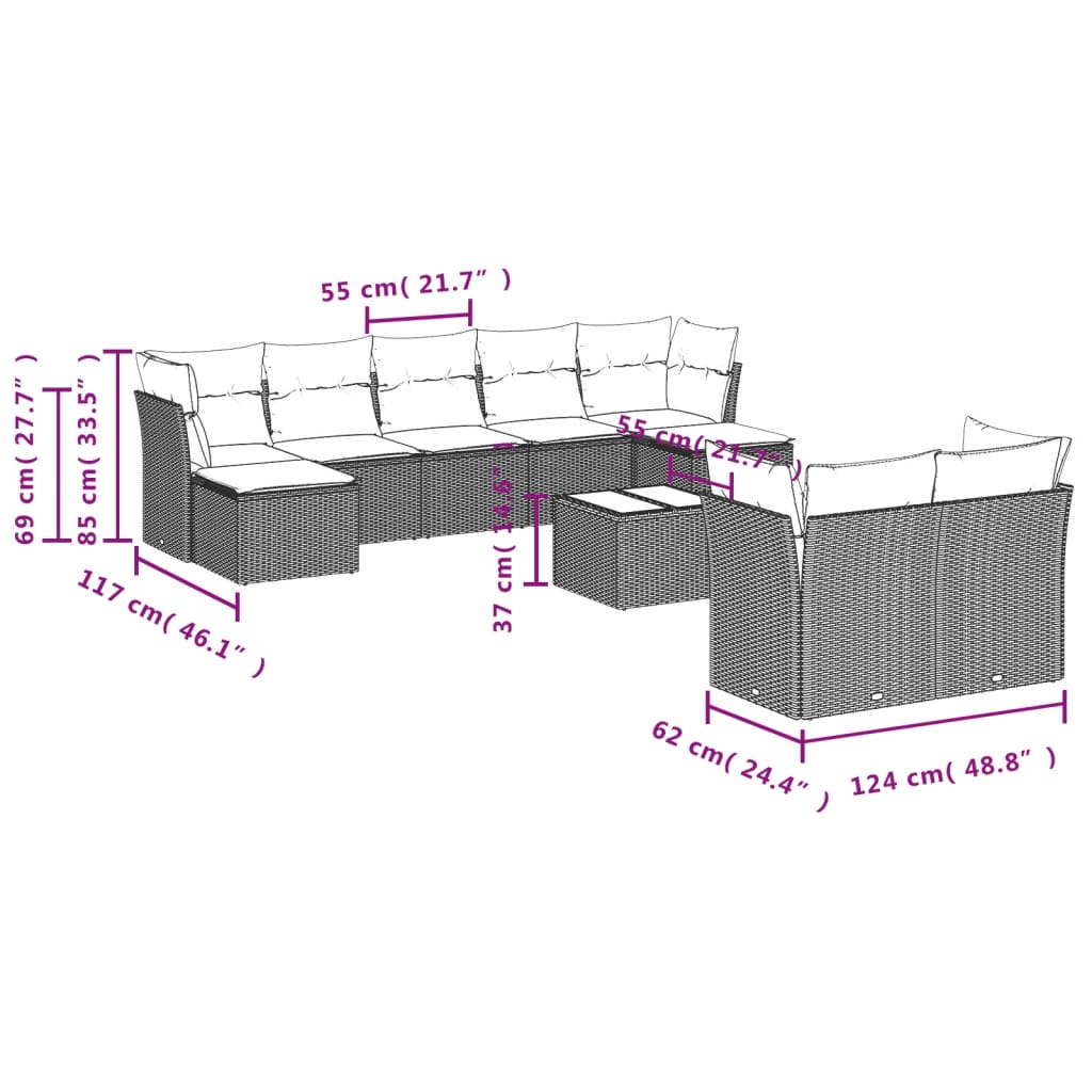 10-tlg. Garten-Sofagarnitur mit Kissen Schwarz Poly Rattan - Pazzar.ch