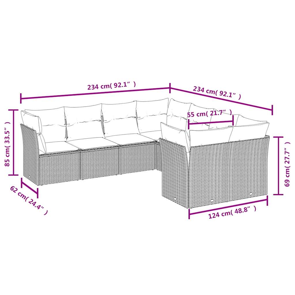 8-tlg. Garten-Sofagarnitur mit Kissen Grau Poly Rattan