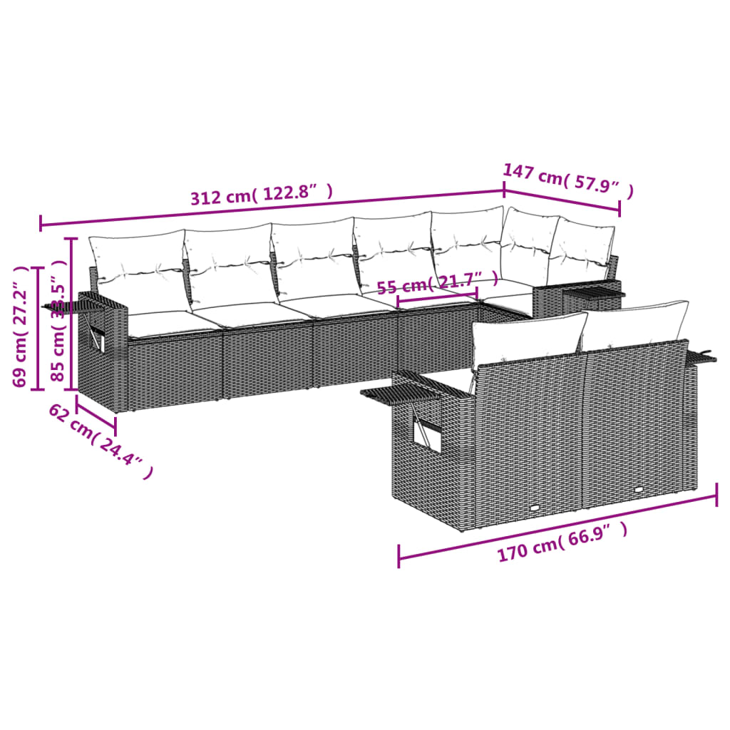 8-tlg. Garten-Sofagarnitur mit Kissen Hellgrau Poly Rattan - Pazzar.ch
