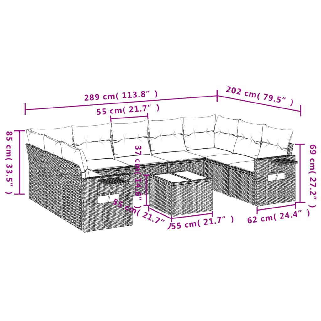 10-tlg. Garten-Sofagarnitur mit Kissen Hellgrau Poly Rattan - Pazzar.ch