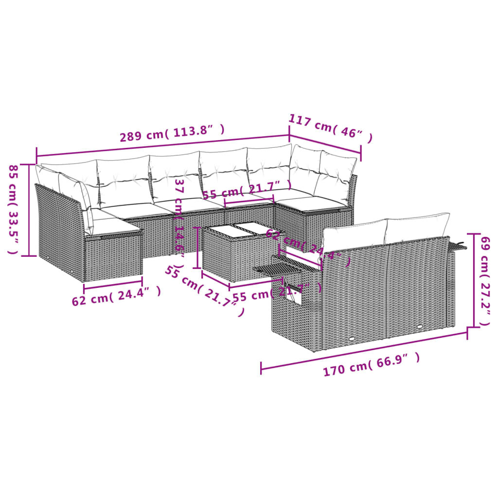 10-tlg. Garten-Sofagarnitur mit Kissen Schwarz Poly Rattan - Pazzar.ch