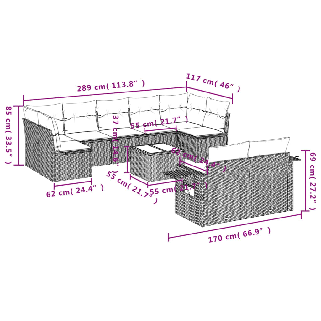 10-tlg. Garten-Sofagarnitur mit Kissen Beige Poly Rattan - Pazzar.ch