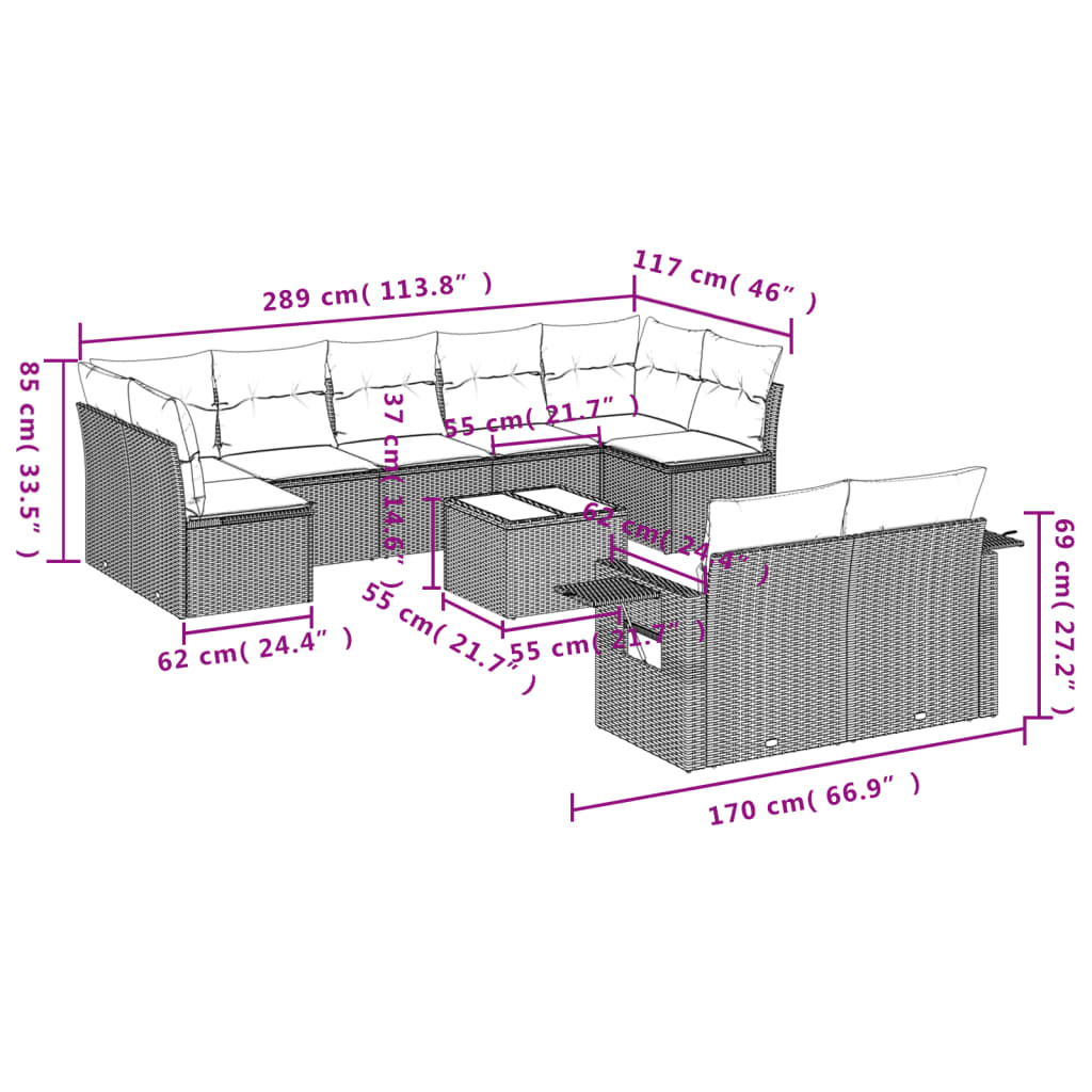 10-tlg. Garten-Sofagarnitur mit Kissen Grau Poly Rattan - Pazzar.ch