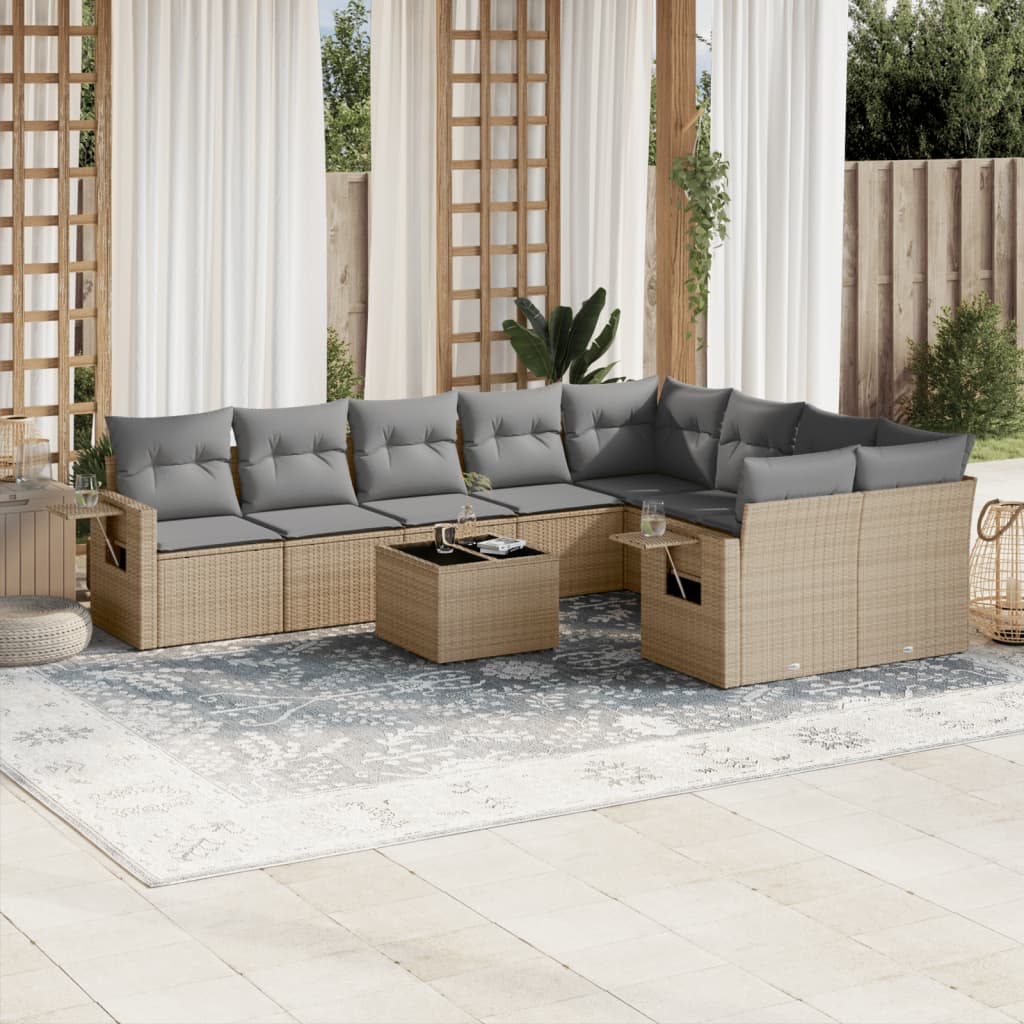 10-tlg. Garten-Sofagarnitur mit Kissen Beige Poly Rattan - Pazzar.ch