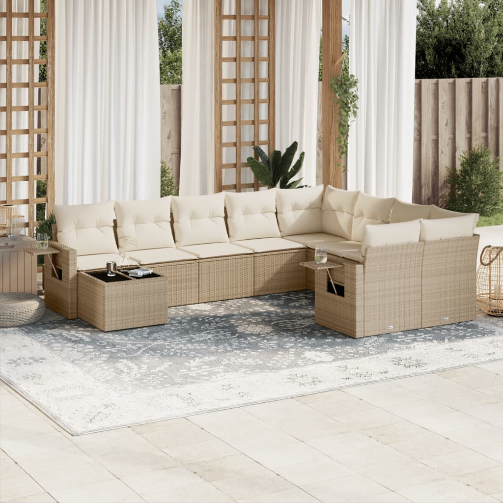 10-tlg. Garten-Sofagarnitur mit Kissen Beige Poly Rattan - Pazzar.ch