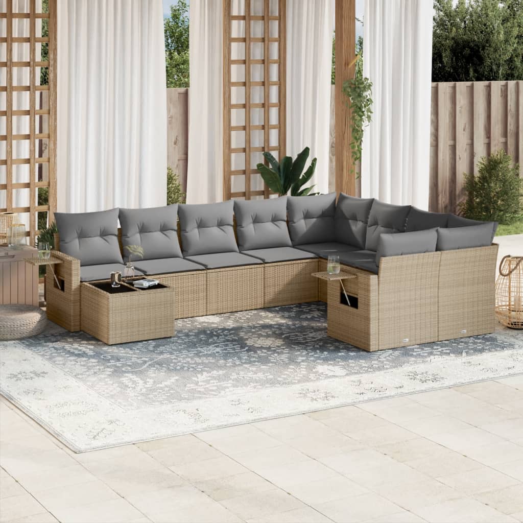 10-tlg. Garten-Sofagarnitur mit Kissen Beige Poly Rattan