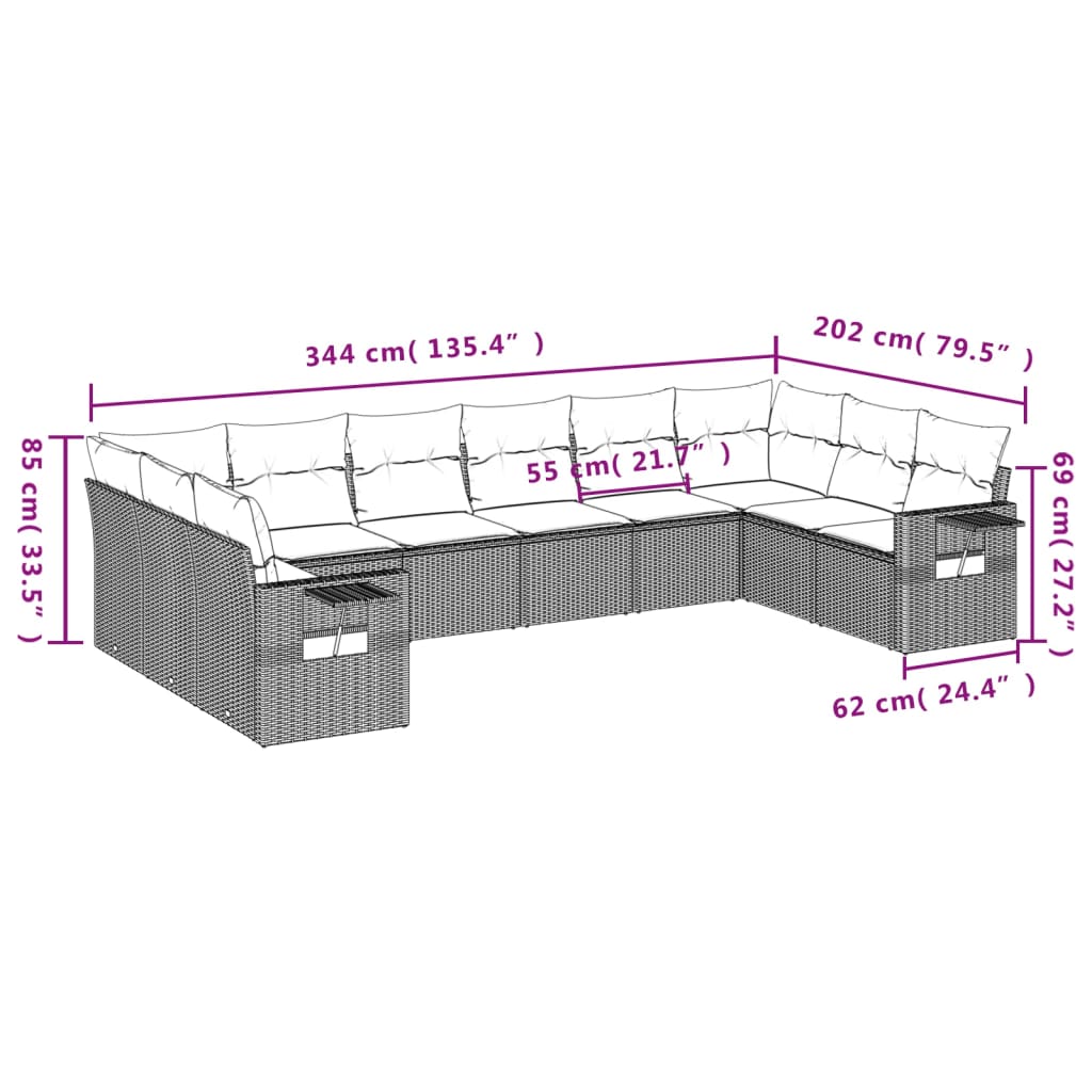 10-tlg. Garten-Sofagarnitur mit Kissen Schwarz Poly Rattan - Pazzar.ch