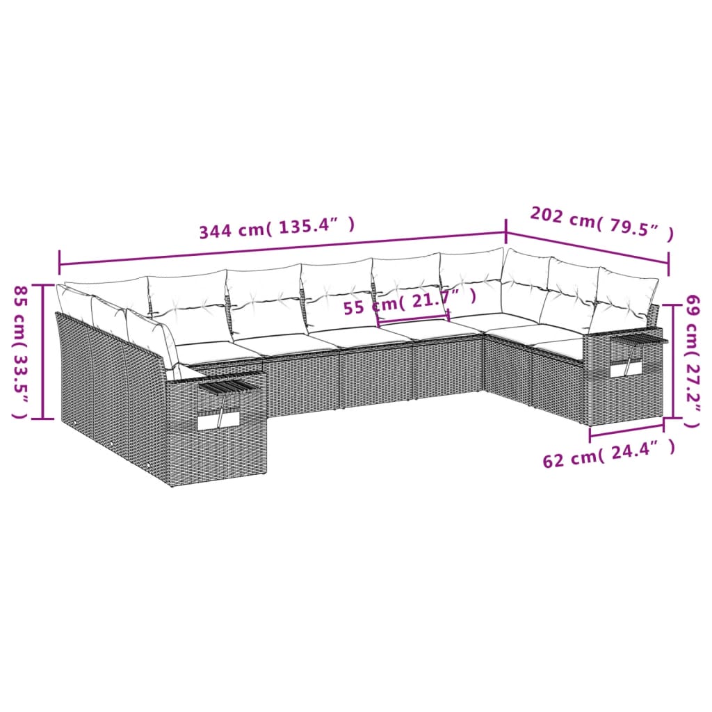 10-tlg. Garten-Sofagarnitur mit Kissen Braun Poly Rattan - Pazzar.ch