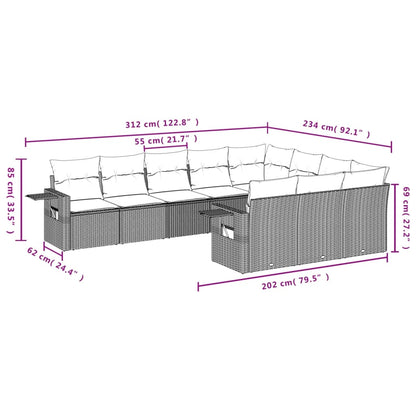10-teiliges Gartensofa-Set mit Kissen, schwarzes Polyrattan
