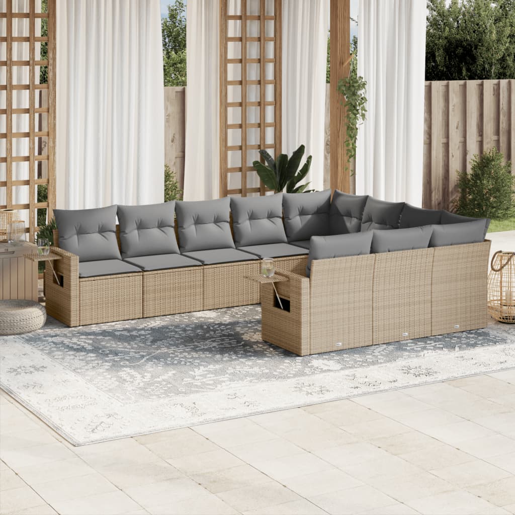 10-tlg. Garten-Sofagarnitur mit Kissen Beige Poly Rattan - Pazzar.ch