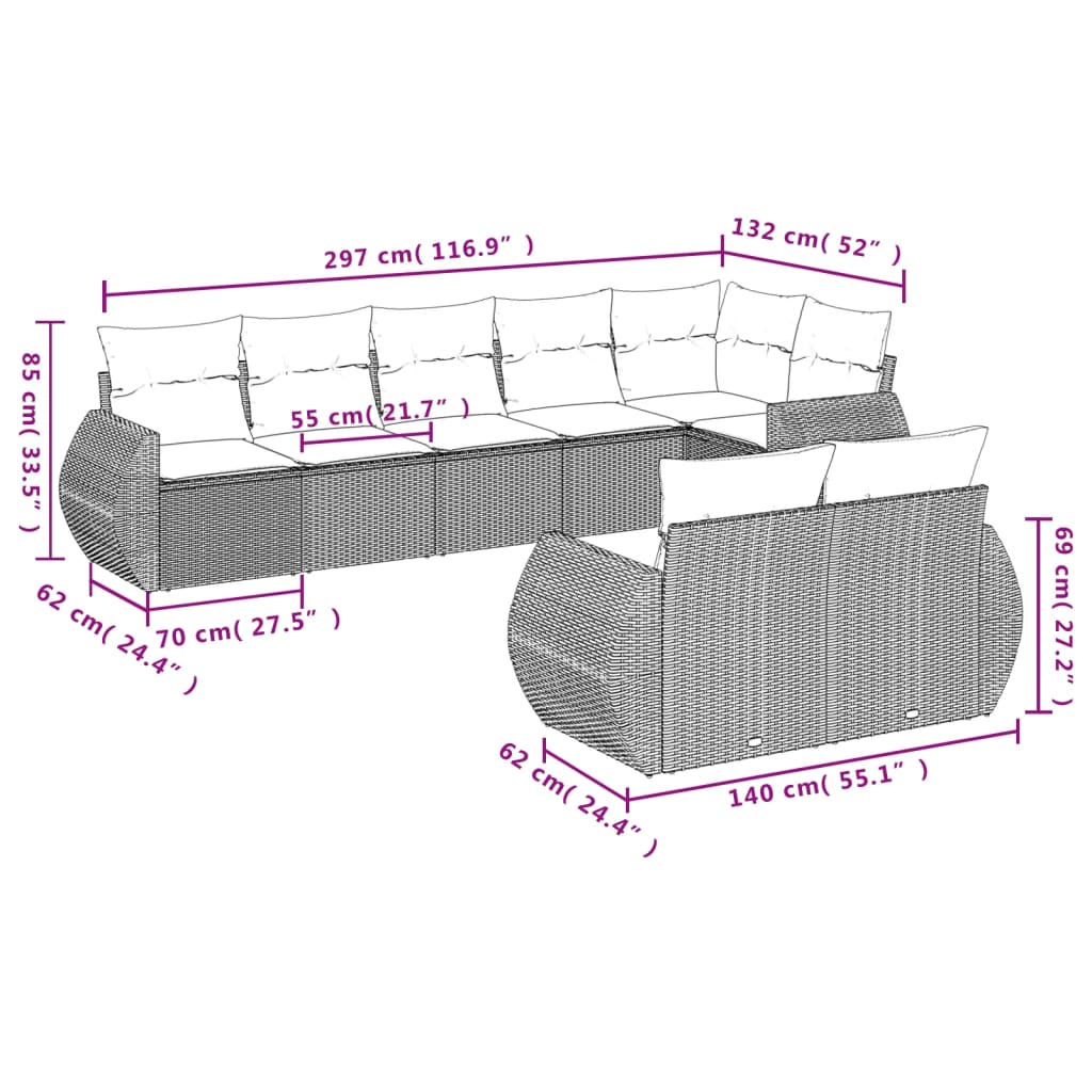 8-tlg. Garten-Sofagarnitur mit Kissen Grau Poly Rattan - Pazzar.ch