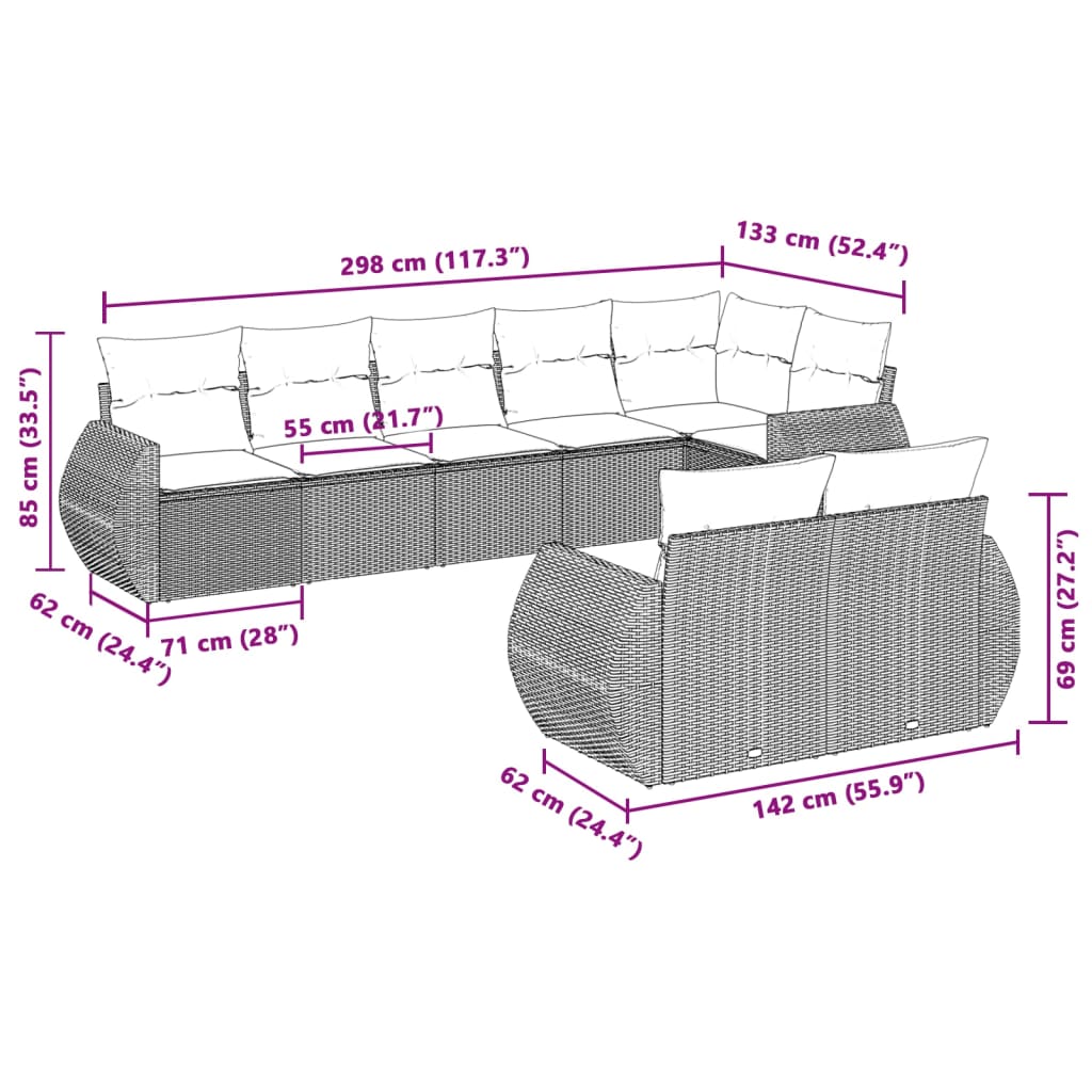 8-tlg. Garten-Sofagarnitur mit Kissen Hellgrau Poly Rattan - Pazzar.ch