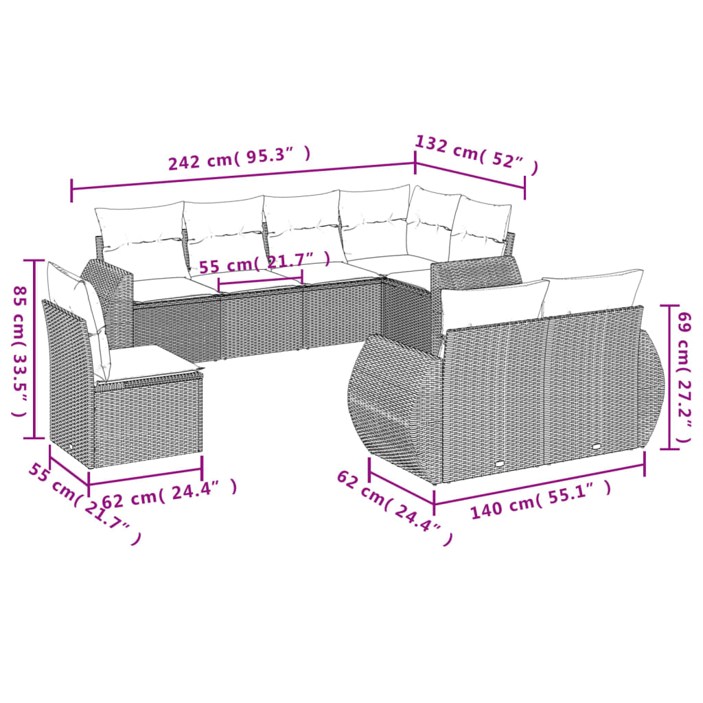 8-tlg. Garten-Sofagarnitur mit Kissen Hellgrau Poly Rattan - Pazzar.ch