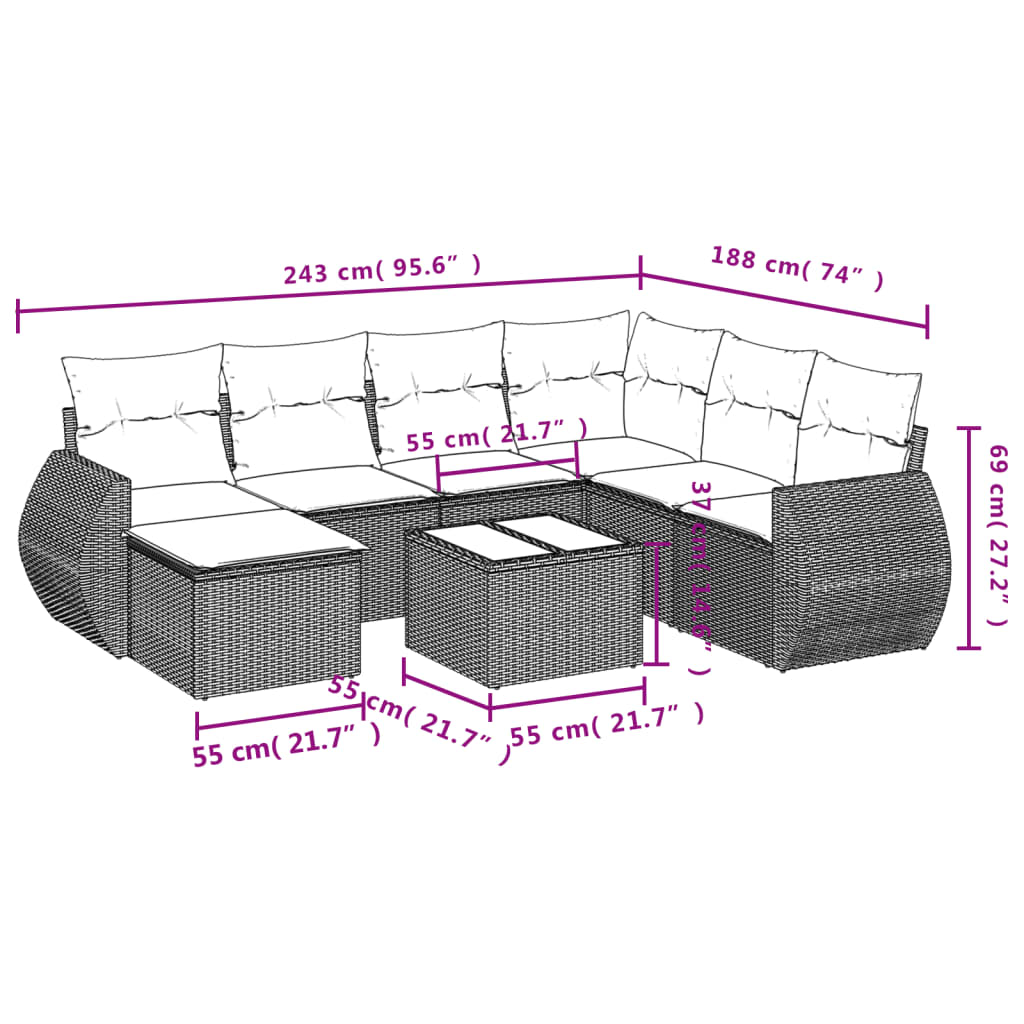 8-tlg. Garten-Sofagarnitur mit Kissen Hellgrau Poly Rattan - Pazzar.ch