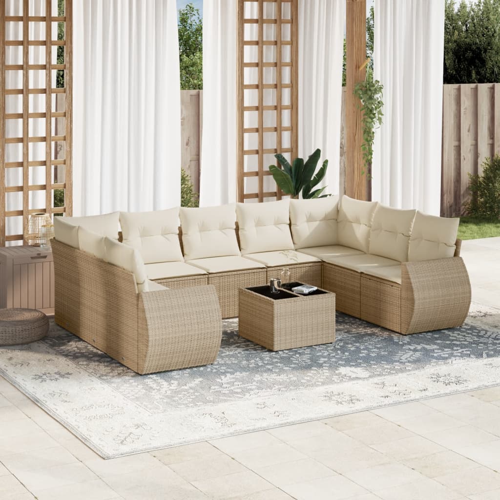 10-tlg. Garten-Sofagarnitur mit Kissen Beige Poly Rattan - Pazzar.ch