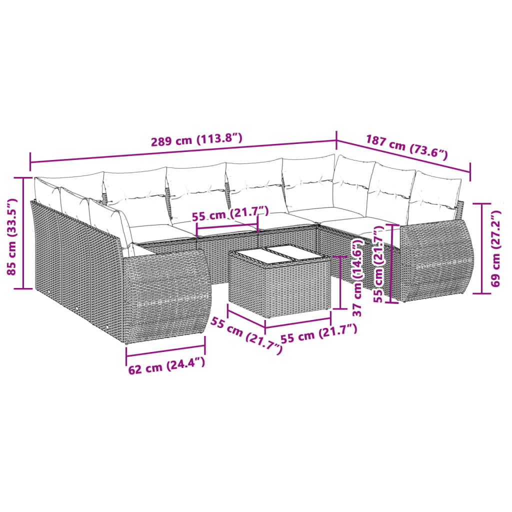 10-tlg. Garten-Sofagarnitur mit Kissen Hellgrau Poly Rattan - Pazzar.ch