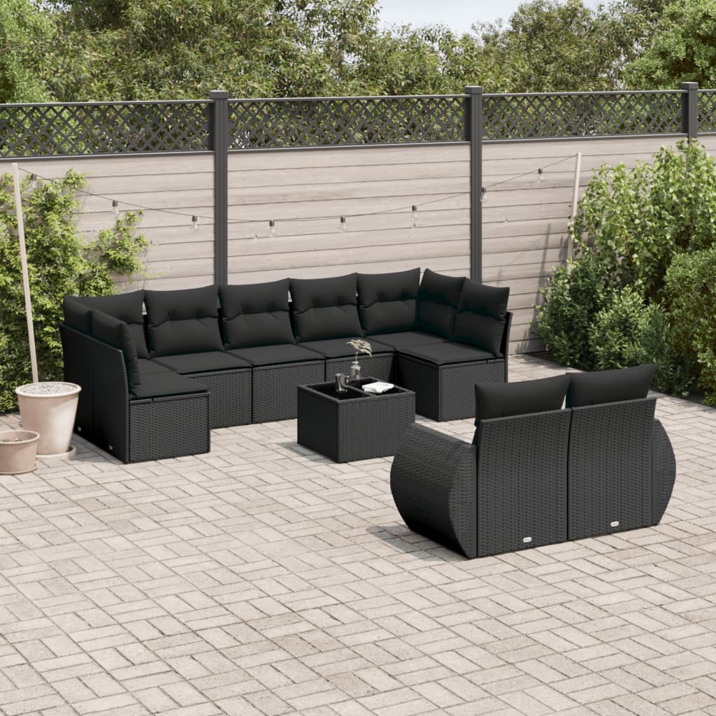 10-tlg. Garten-Sofagarnitur mit Kissen Schwarz Poly Rattan - Pazzar.ch