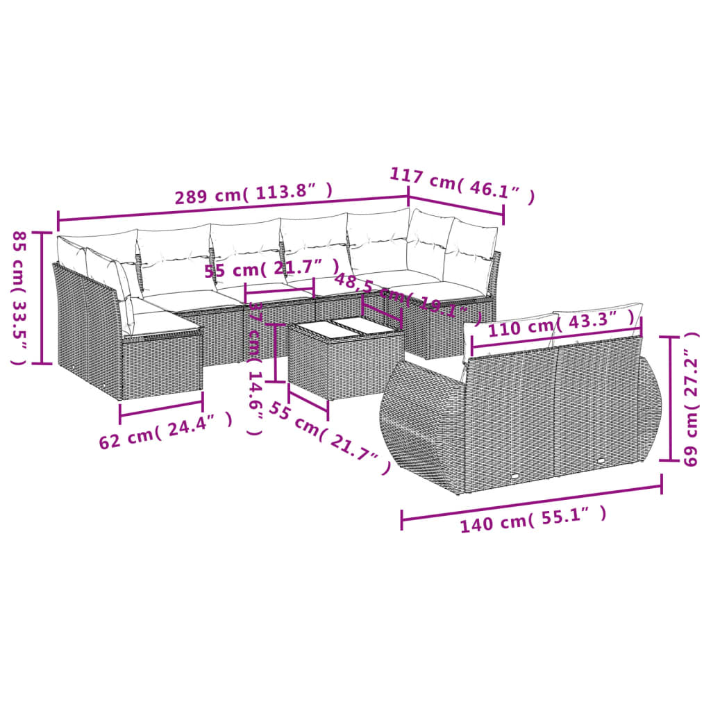 10-tlg. Garten-Sofagarnitur mit Kissen Schwarz Poly Rattan - Pazzar.ch